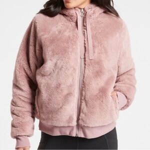 Athleta Womens Faux Fur Plush Ritual Hooded Jacket Sz S Pink Mauve Cozy Full Zip